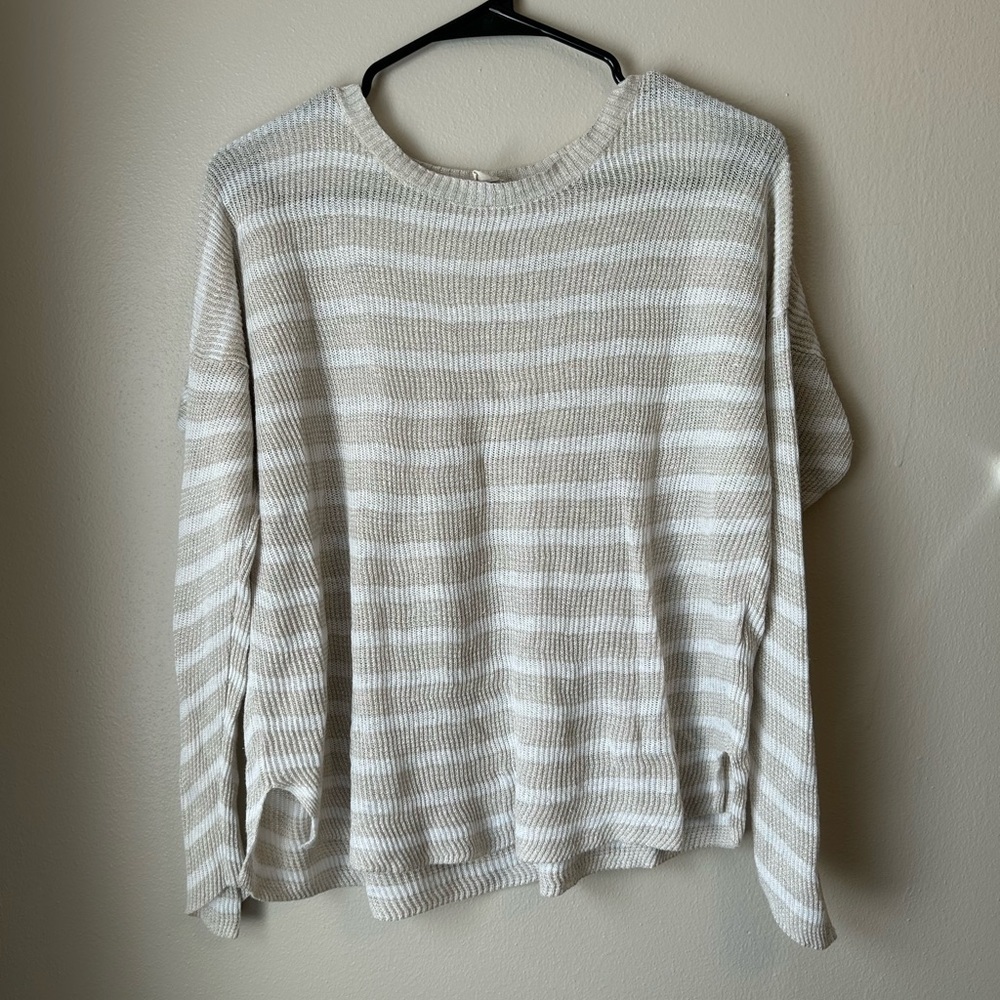 Eileen Fisher Cream and White Striped Crew Neck Sweater